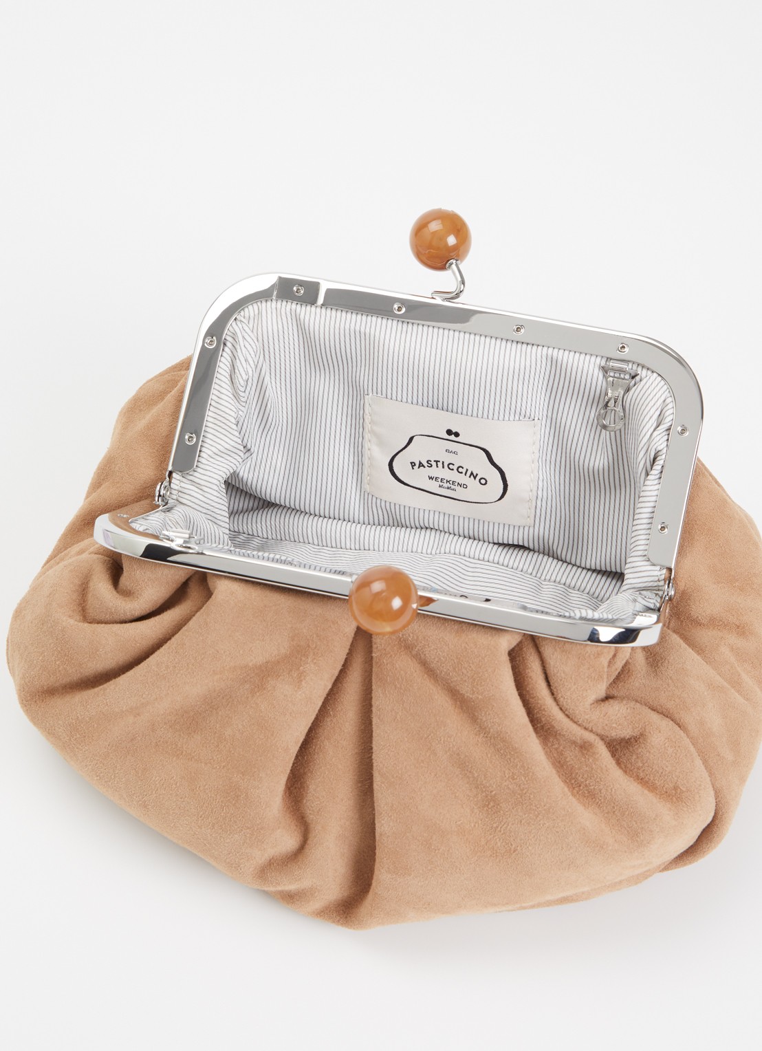 Max Mara Pasticcino Small clutch van lamssuède met afneembare schouderriem - detail 3 zand
