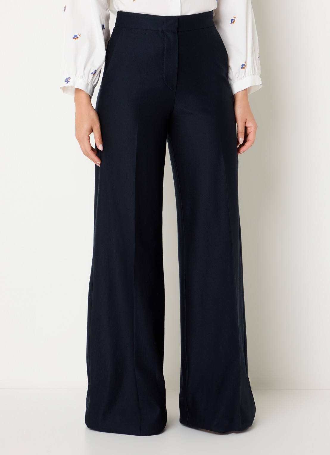 Max Mara Pinza high waist wide fit pantalon van piqué katoen - detail 2 donkerblauw