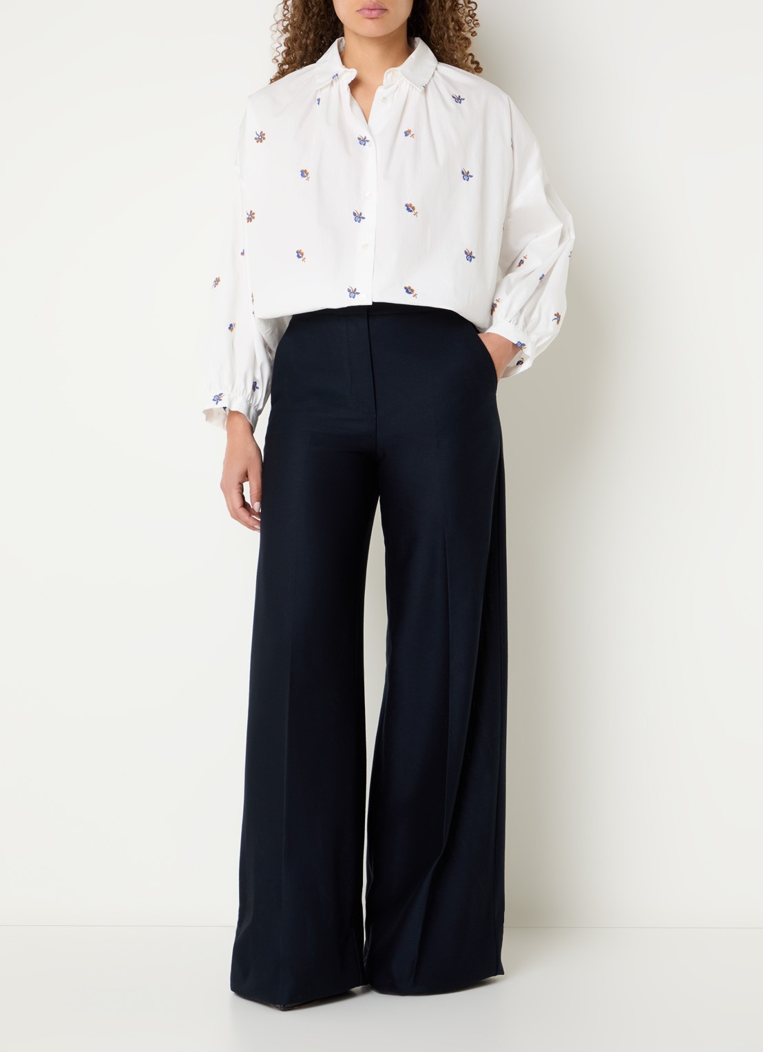 Max Mara Pinza high waist wide fit pantalon van piqué katoen - voorkant 4 donkerblauw
