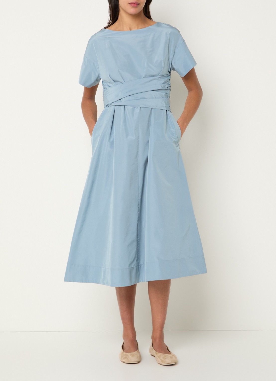 Max Mara Pioppo midi jurk met strikceintuur - detail 3 lichtblauw