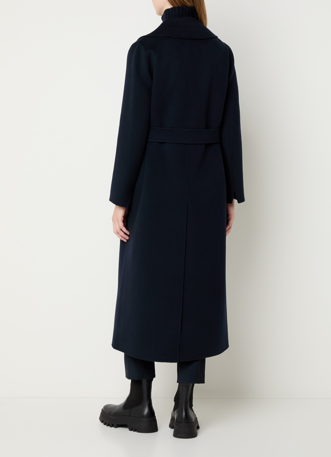 Max Mara Poldo mantel van scheerwol met steekzakken en strikceintuur - achterkant 4 donkerblauw