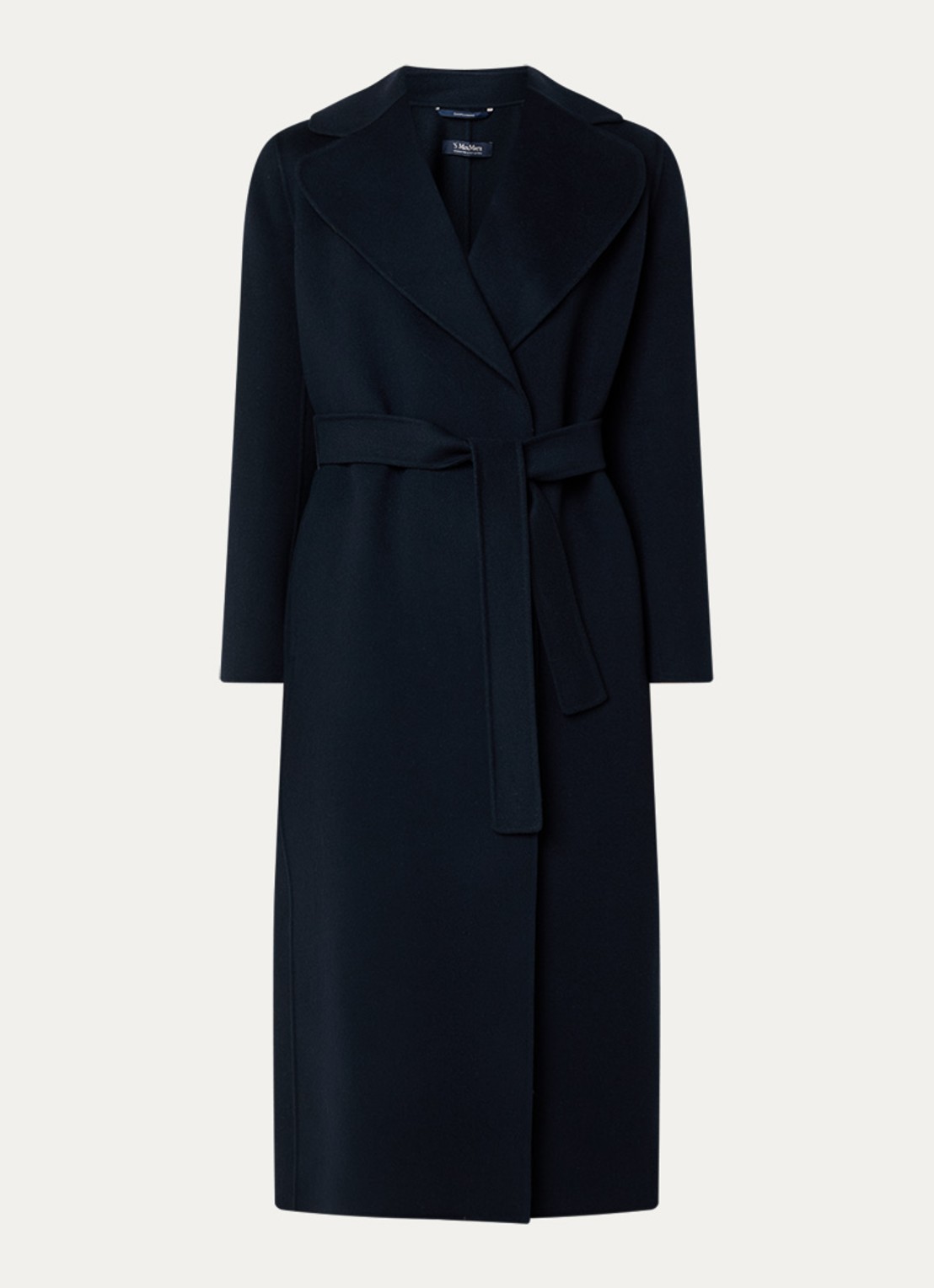 Max Mara Poldo mantel van scheerwol met steekzakken en strikceintuur - voorkant donkerblauw