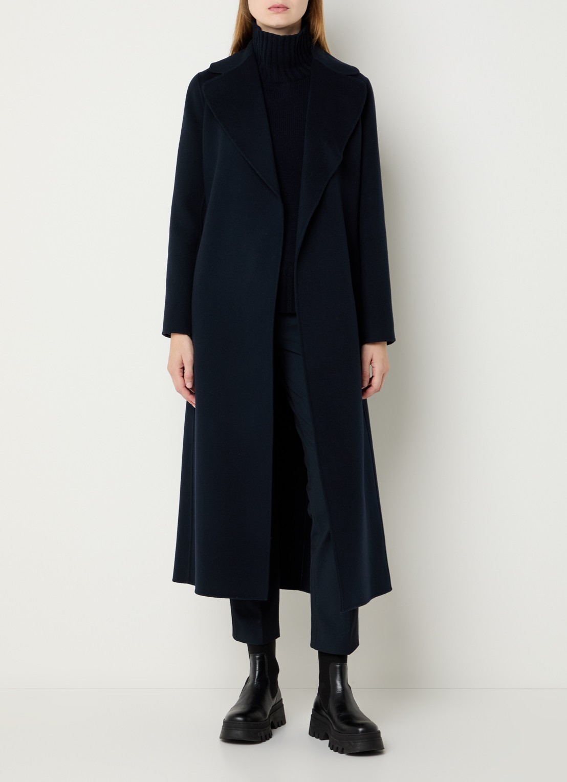 Max Mara Poldo mantel van scheerwol met steekzakken en strikceintuur - voorkant 2 donkerblauw