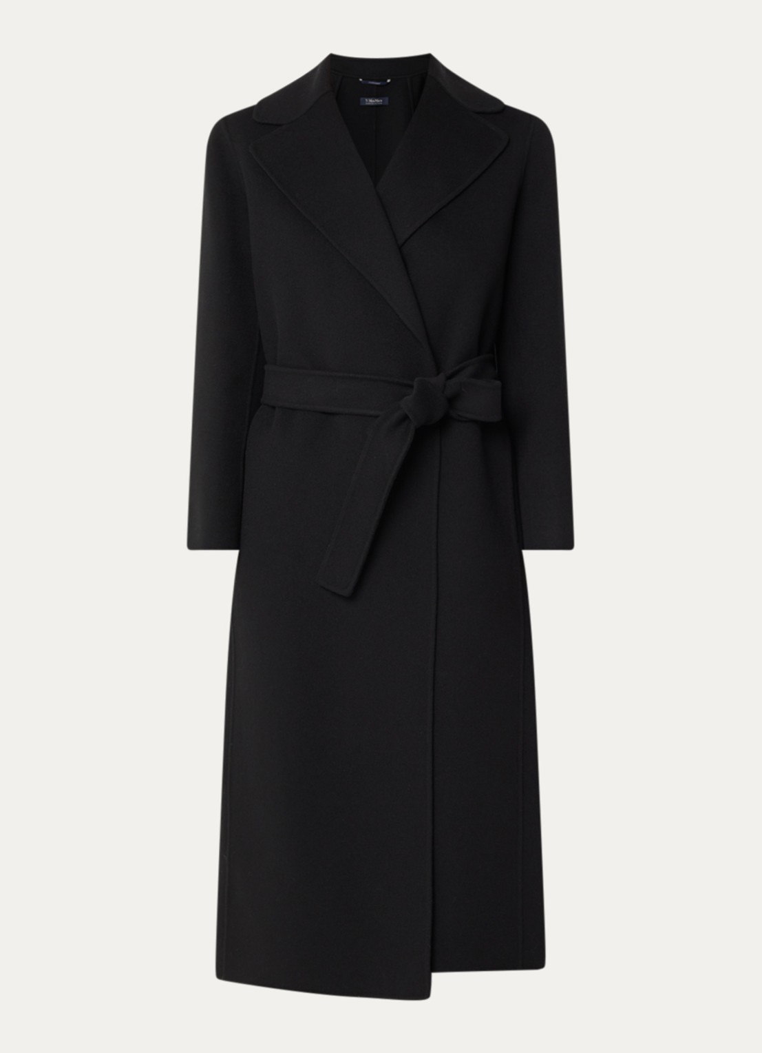 Max Mara Poldo mantel van scheerwol met steekzakken en strikceintuur - voorkant zwart