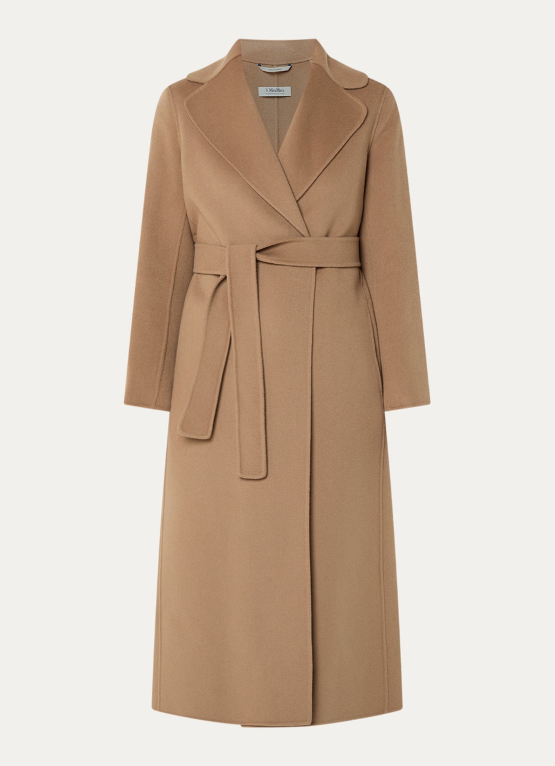 Max Mara Poldo mantel van scheerwol met steekzakken en strikceintuur - voorkant 3 camel