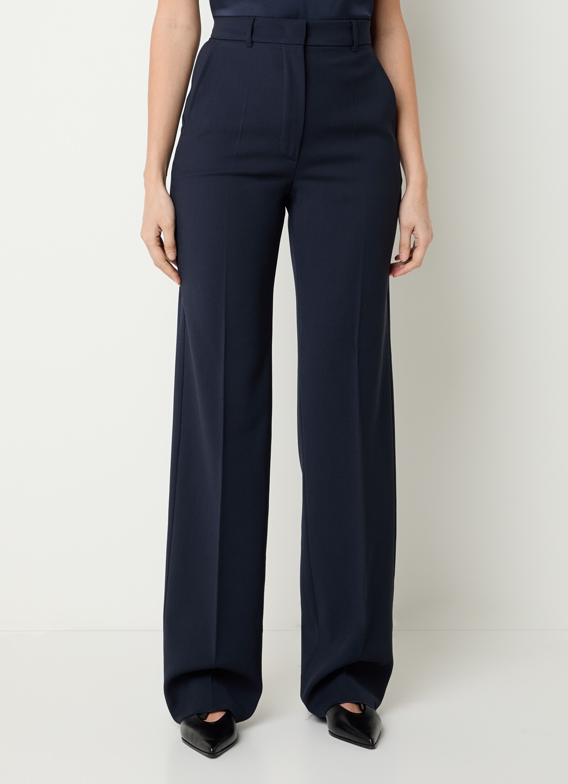 Max Mara Quasar high waist straight fit pantalon van scheerwol met persplooi - detail 4 donkerblauw