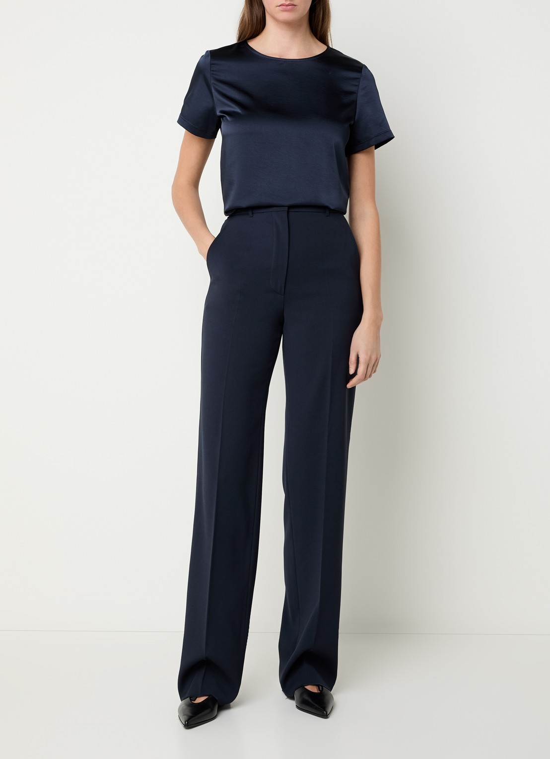 Max Mara Quasar high waist straight fit pantalon van scheerwol met persplooi - voorkant 3 donkerblauw
