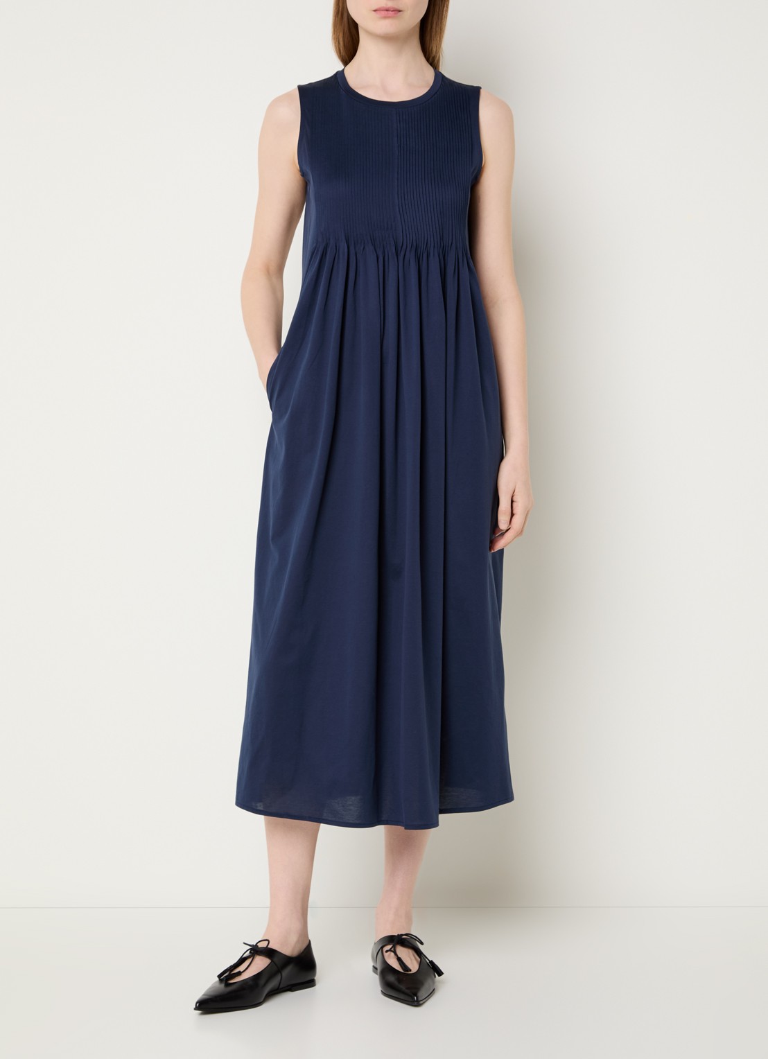 Max Mara Ricordo midi jurk met smockwerk - detail 4 donkerblauw