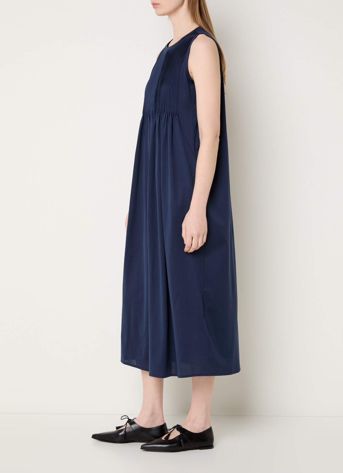 Max Mara Ricordo midi jurk met smockwerk - voorkant 3 donkerblauw