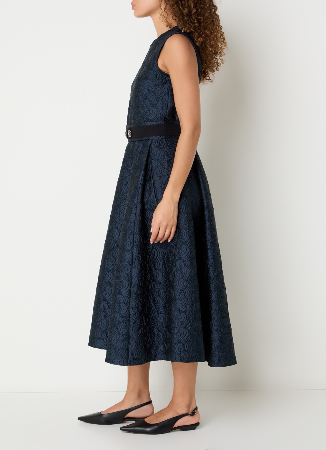 Max Mara Sax midi A-lijn jurk met strikceintuur en jacquard dessin - voorkant 4 donkerblauw