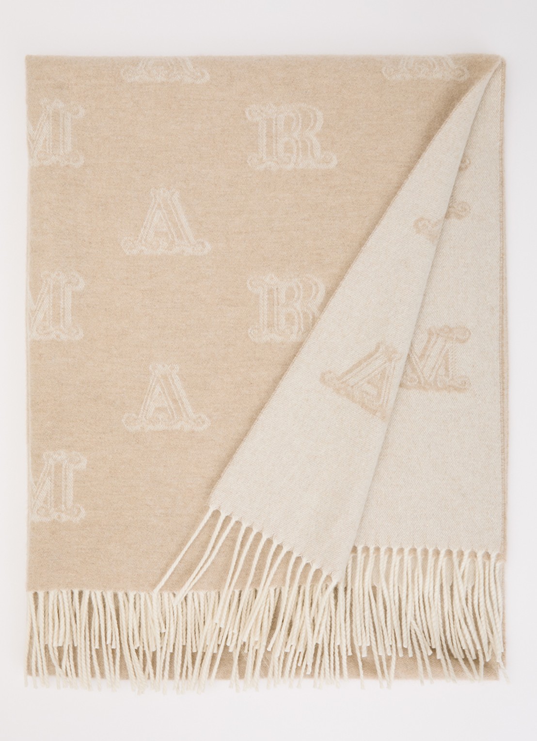 Max Mara Sjaal van kasjmier met logoprint en franjes 180 x 70 cm - voorkant beige