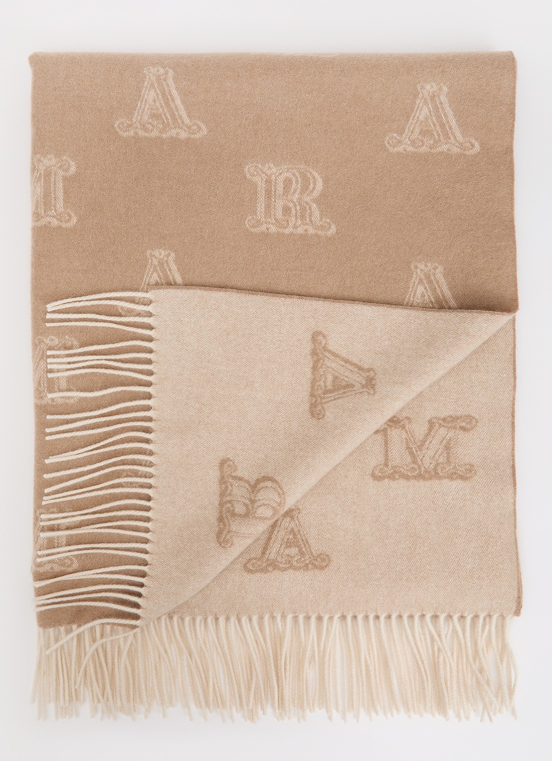 Max Mara Sjaal van kasjmier met logoprint en franjes 180 x 70 cm - voorkant camel