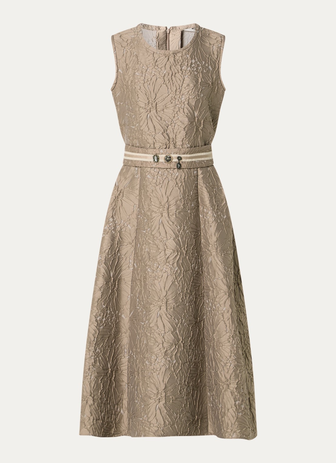 Max Mara Skipper midi jurk met bloemborduring en ceintuur - voorkant donkerbeige