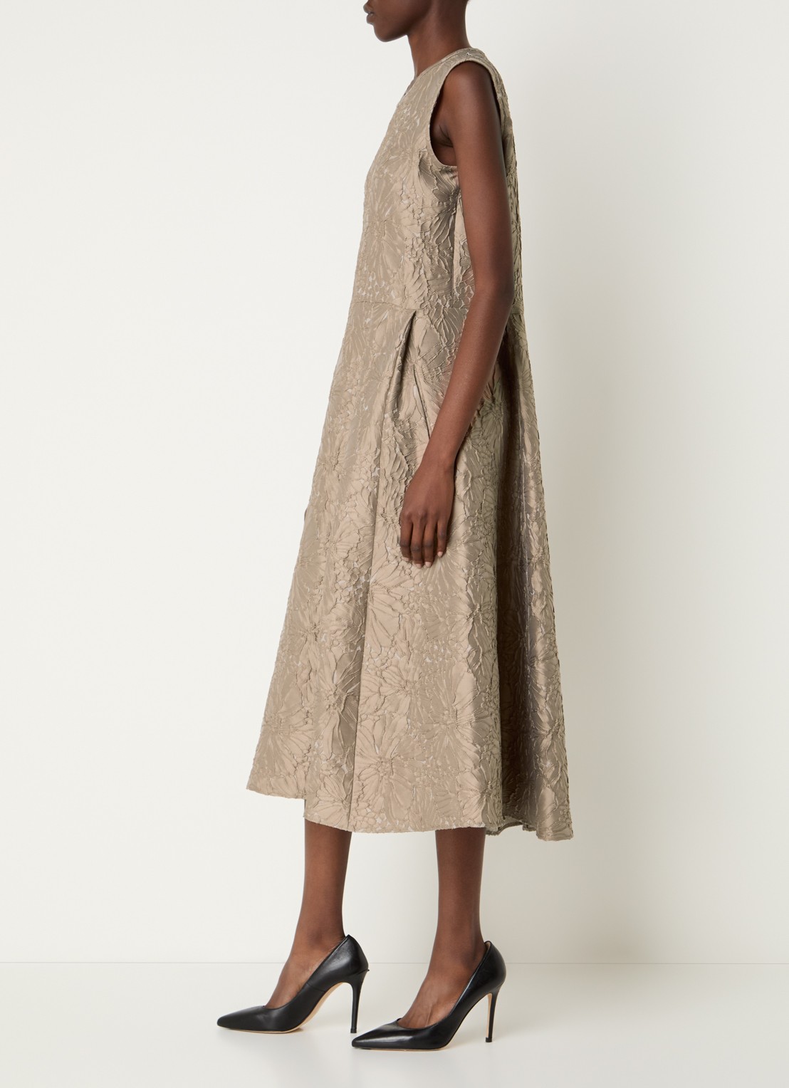Max Mara Skipper midi jurk met bloemborduring en ceintuur - voorkant 2 donkerbeige