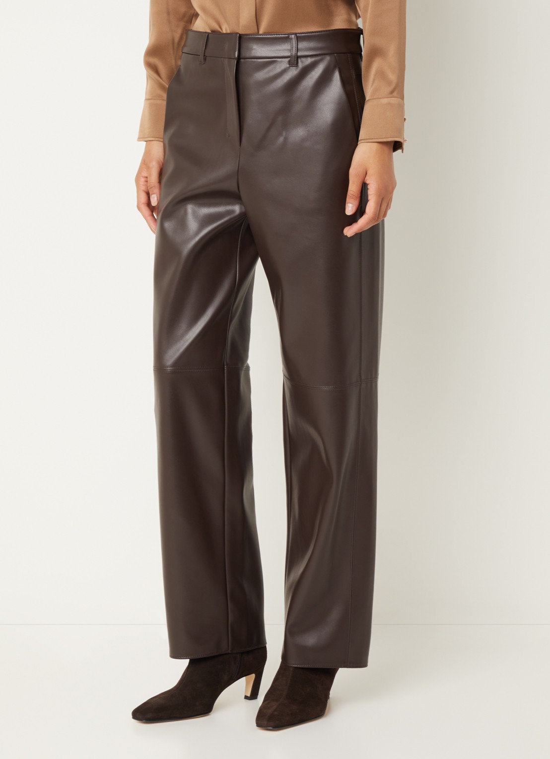 Max Mara Sospiro high waist straight broek van imitatieleer met steekzakken - detail bruin