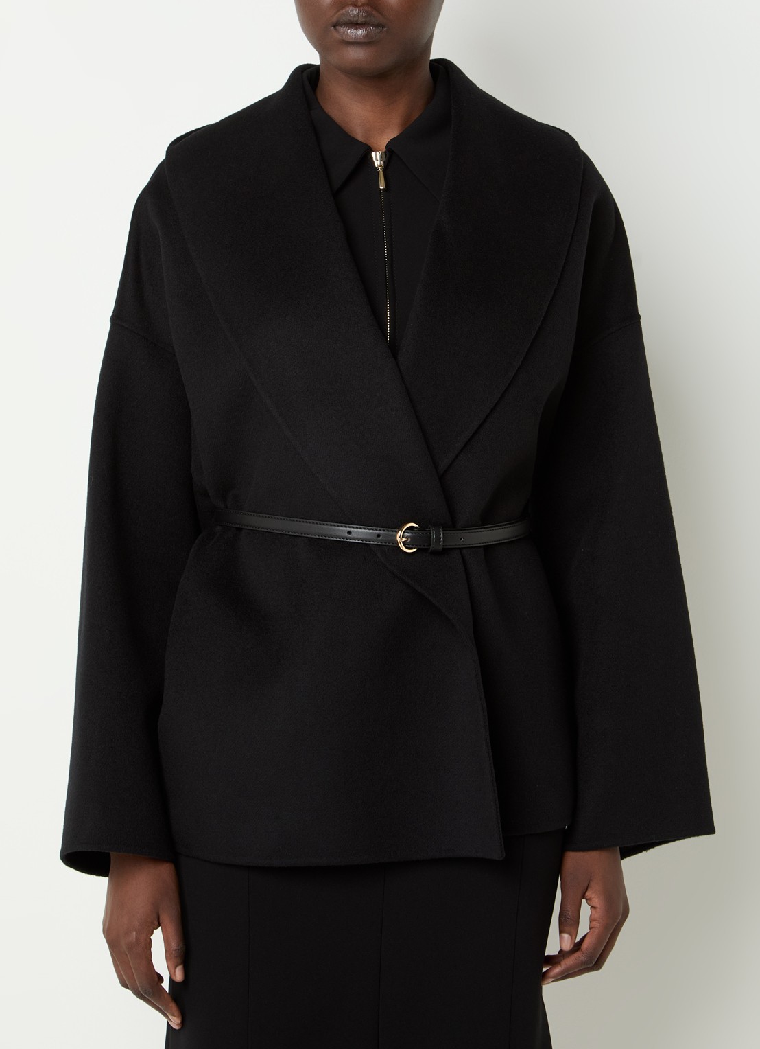 Max Mara Sughero mantel in kasjmierblend met ceintuur en steekzakken - detail 3 zwart