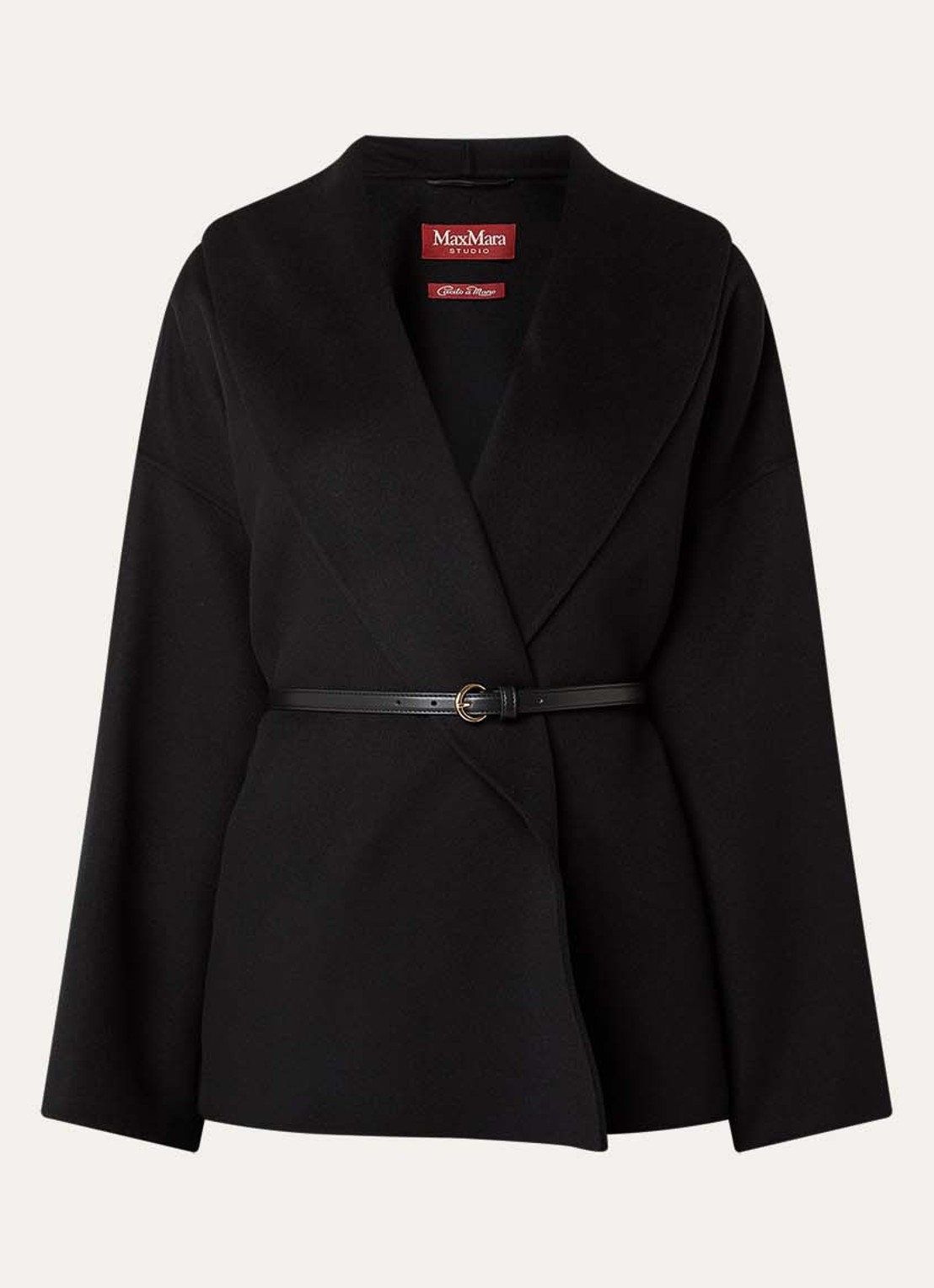 Max Mara Sughero mantel in kasjmierblend met ceintuur en steekzakken - voorkant zwart