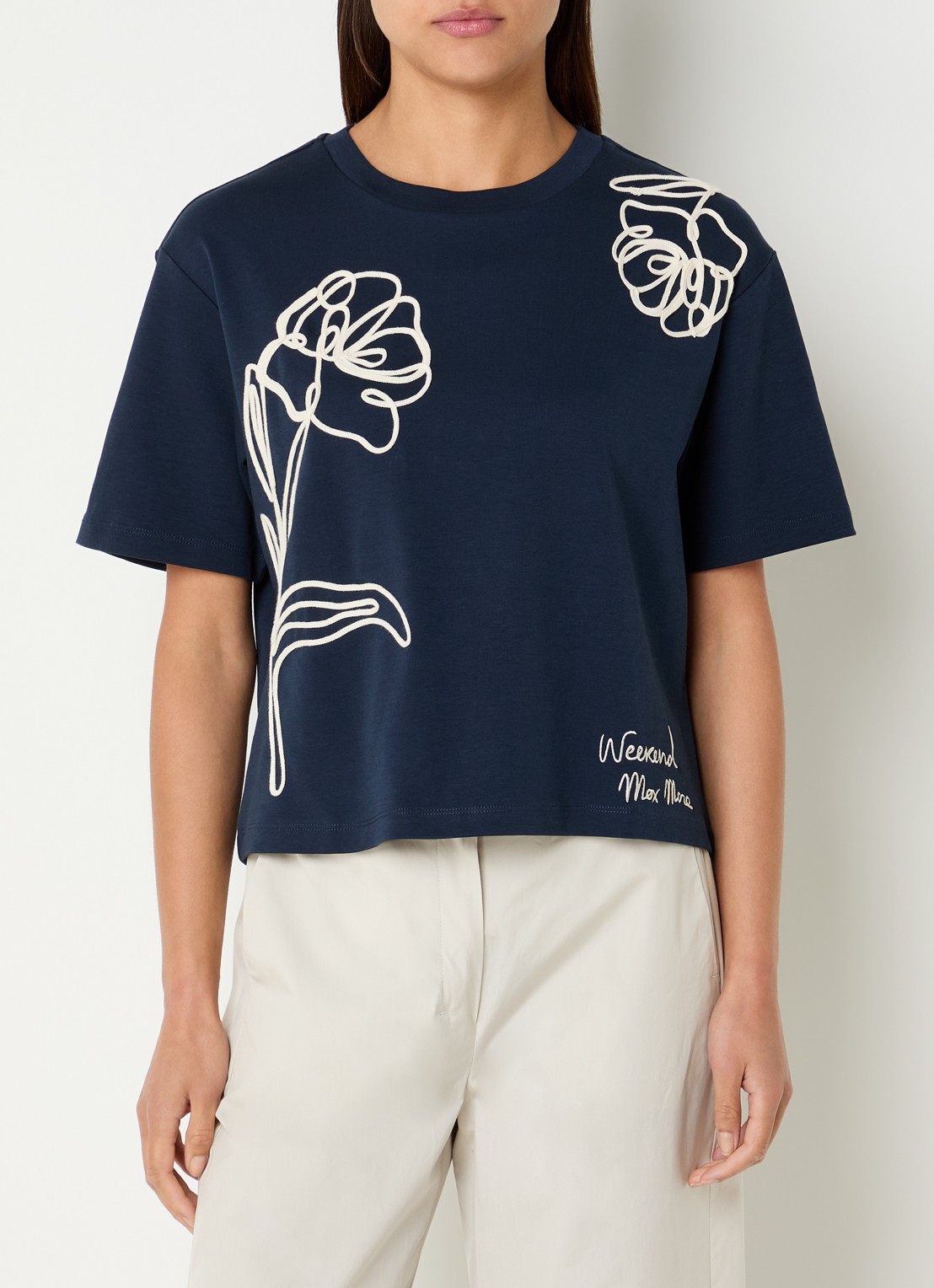 Max Mara T-shirt met logoprint - detail donkerblauw