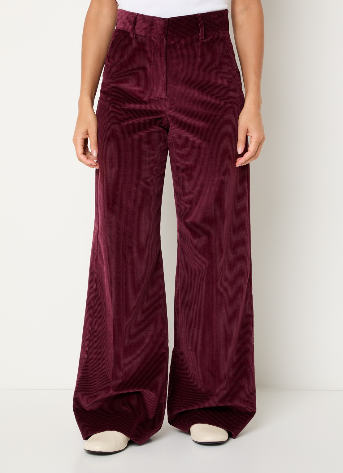Max Mara Tania high waist wide fit broek van corduroy met steekzakken - detail 2 bordeauxrood
