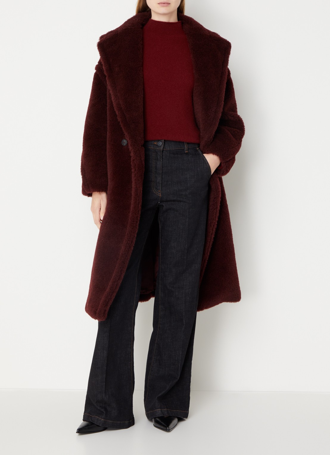 Max Mara Tedgirl mantel in alpaca wolblend met steekzakken - voorkant 4 bordeauxrood