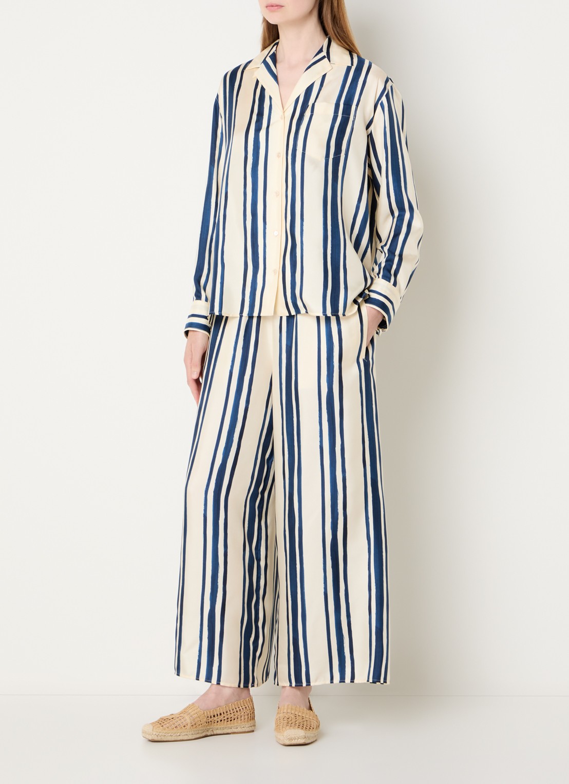 Max Mara Tortona high waist wide fit pantalon van zijde met streepprint - voorkant 4 blauw