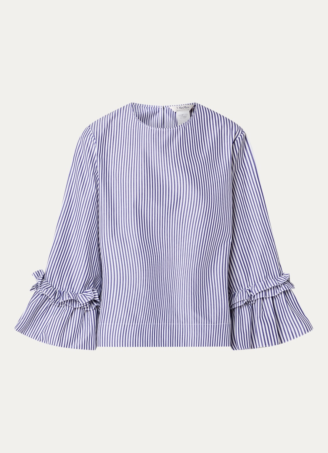 Max Mara Valzer tuniek met streepprint en trompetmouw - voorkant 3 lichtblauw
