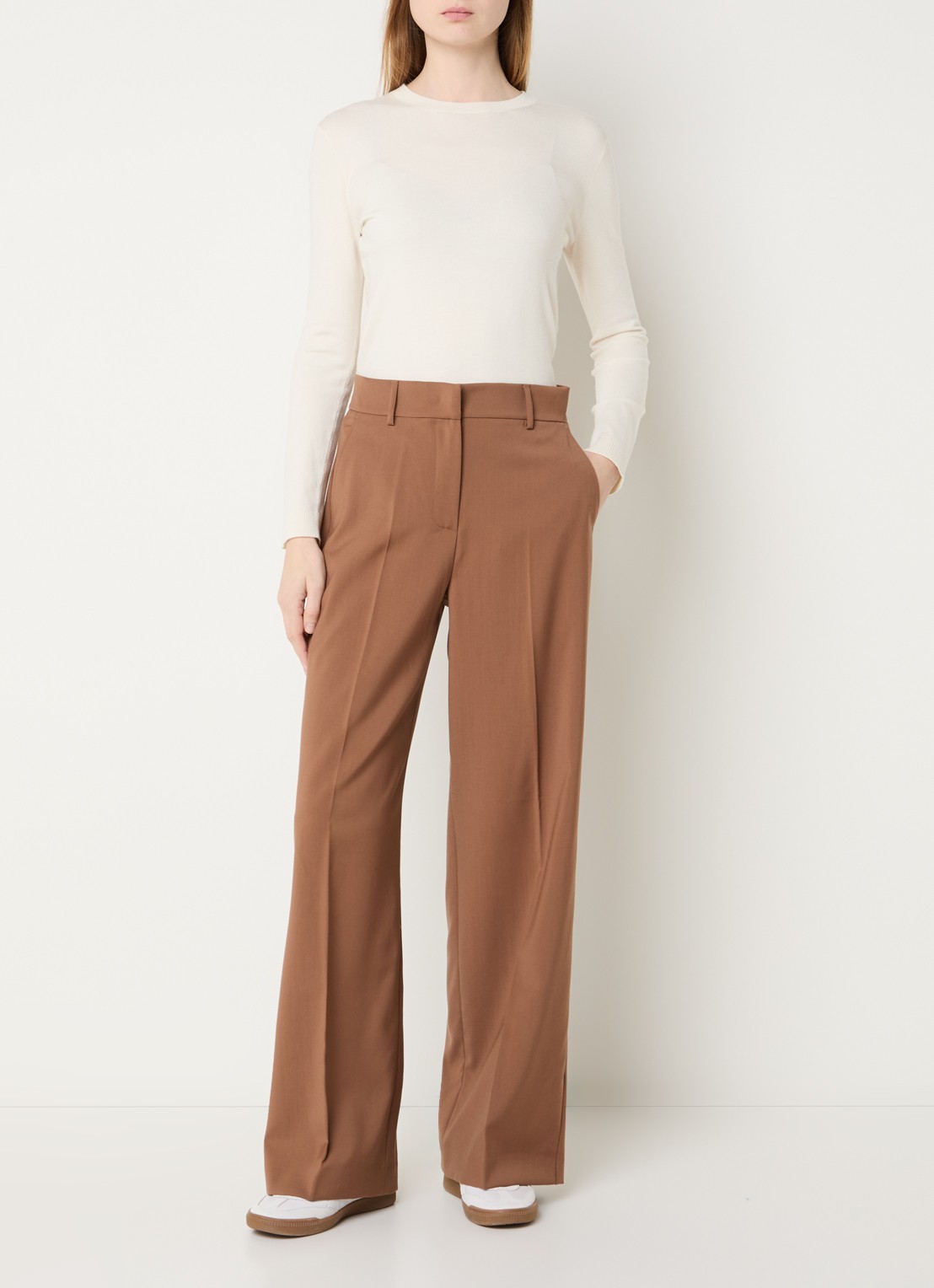 Max Mara Visivo high waist straight fit pantalon van scheerwol - voorkant 4 bruin