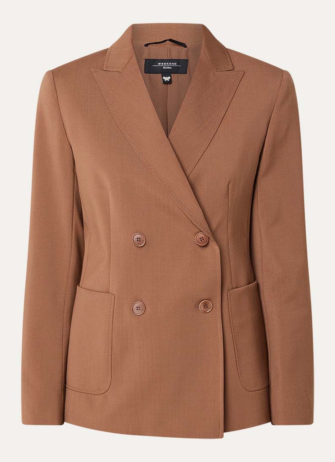 Max Mara Zinnia double-breasted blazer van scheerwol met opgestikte zakken - voorkant 3 cognac