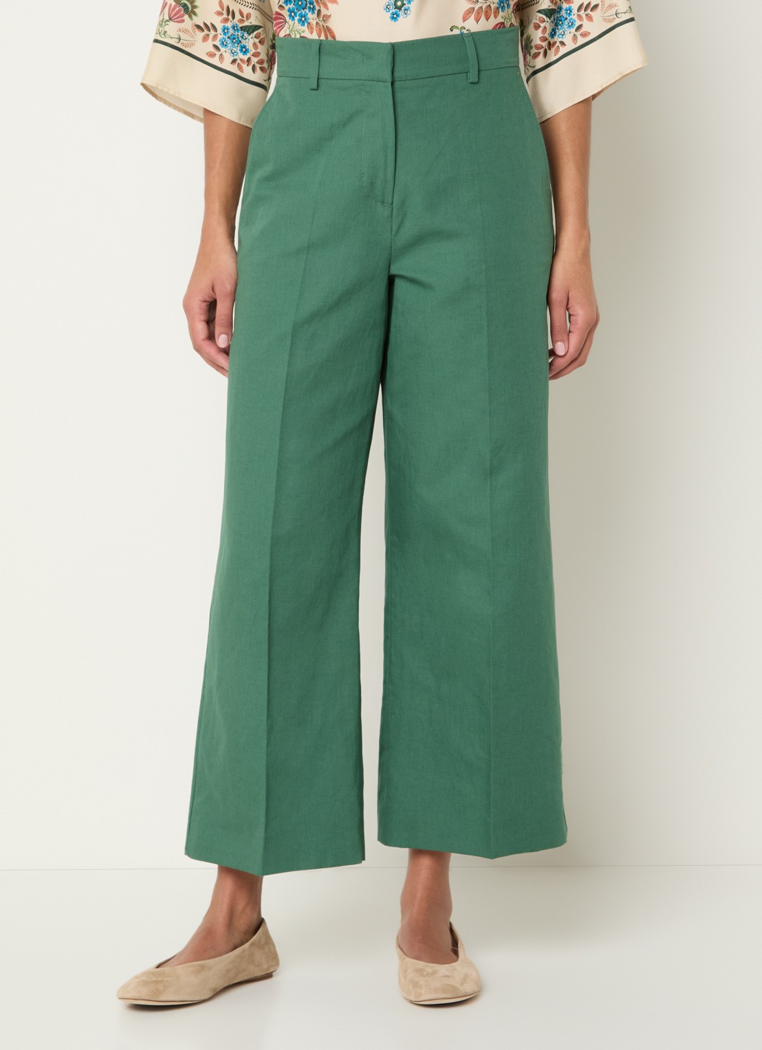 Max Mara Zircone high waist wide fit cropped pantalon in linnenblend - detail 4 groen
