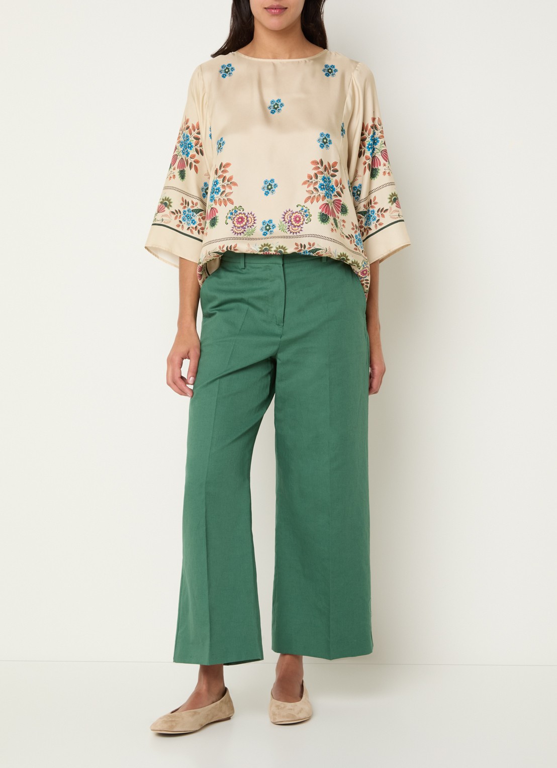 Max Mara Zircone high waist wide fit cropped pantalon in linnenblend - voorkant 3 groen