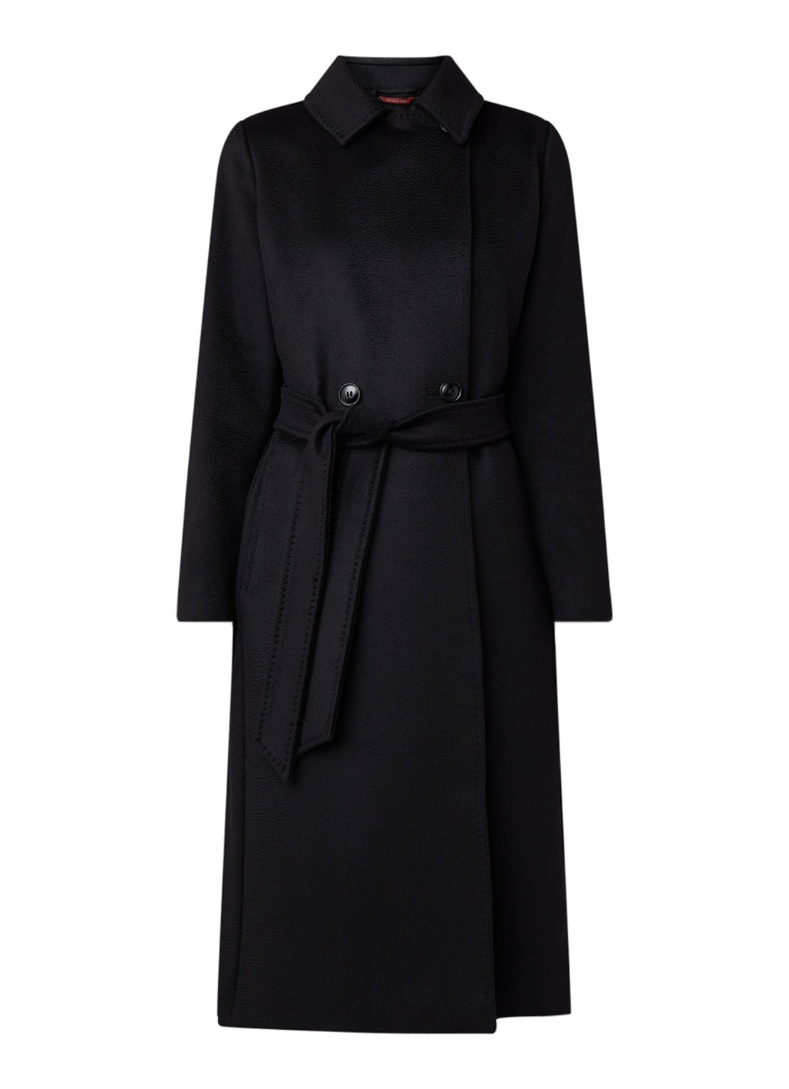MaxMara Collage mantel in wolblend met strikceintuur - voorkant zwart