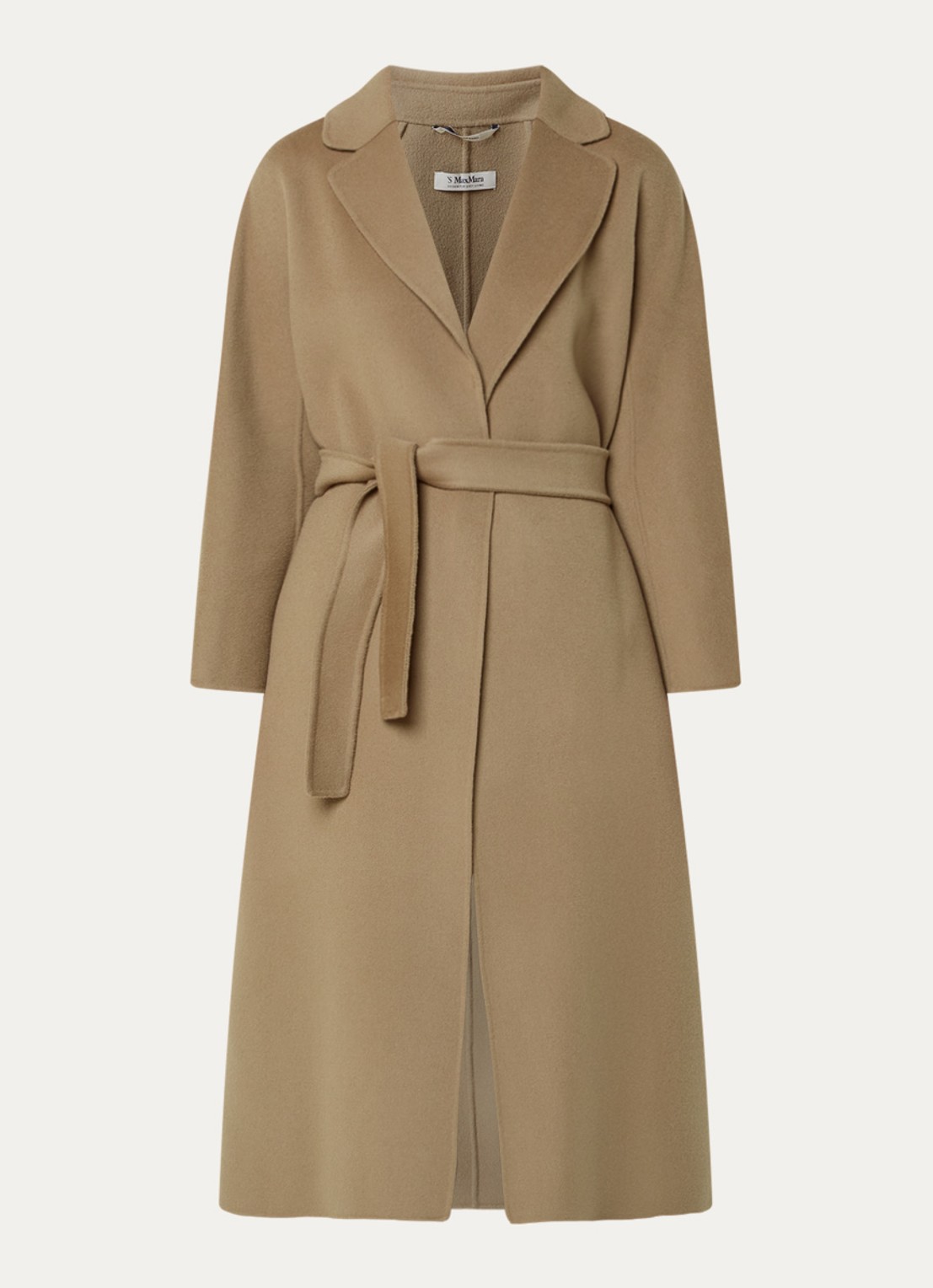 MaxMara Esturia mantel van scheerwol met strikceintuur  - voorkant 3 camel
