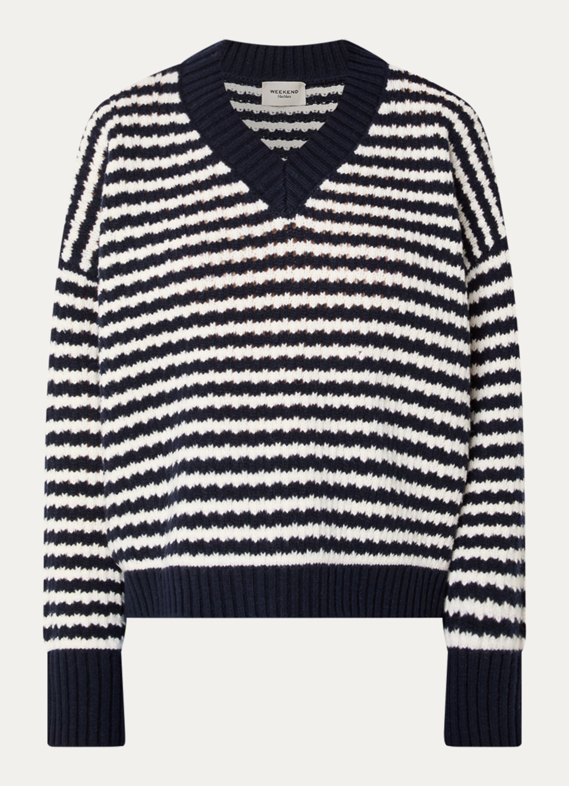 MaxMara Grofgebreide trui van wol met streepprint - voorkant 3 donkerblauw