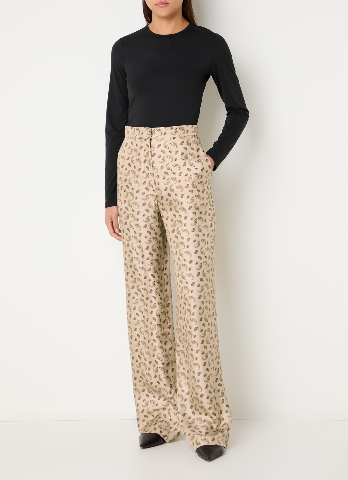 MaxMara High waist wide fit pantalon van zijde met paisley dessin - voorkant 3 beige