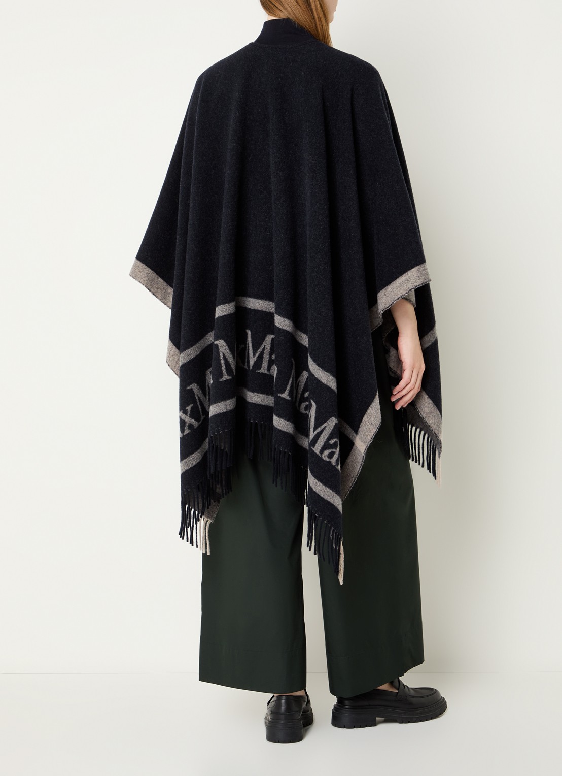MaxMara Hilde poncho van wol met logoprint - achterkant 4 donkerblauw