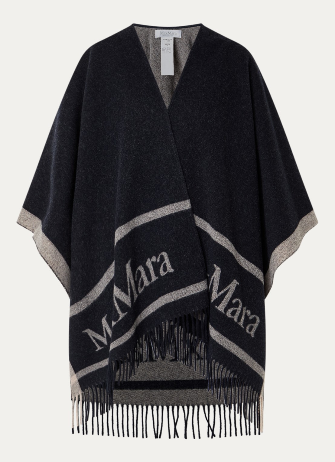 MaxMara Hilde poncho van wol met logoprint - voorkant donkerblauw