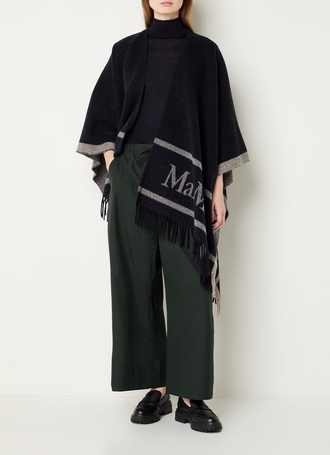 MaxMara Hilde poncho van wol met logoprint - voorkant 2 donkerblauw
