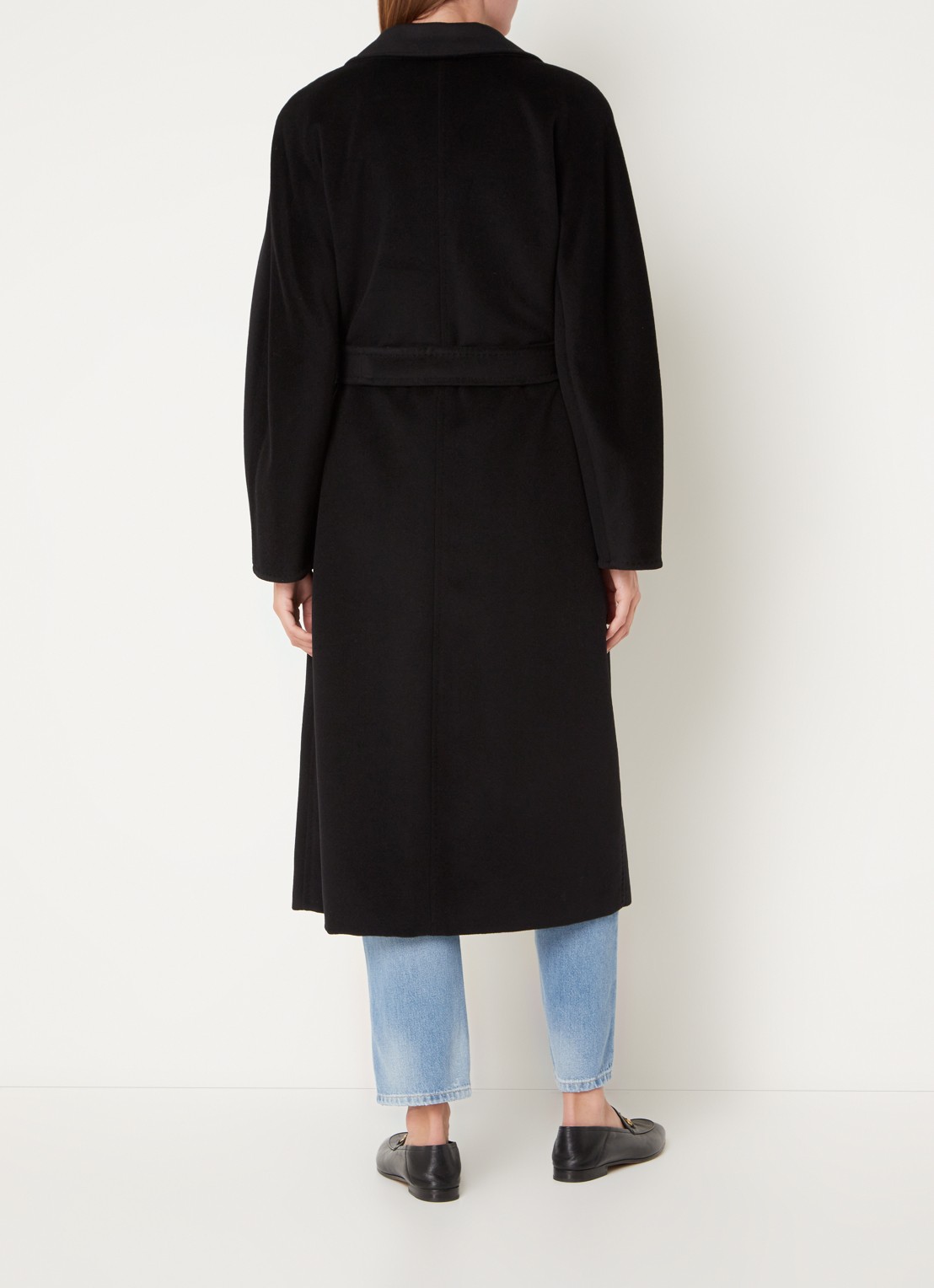 MaxMara Madame double-breasted mantel in kasjmierblend met strikceintuur - achterkant zwart