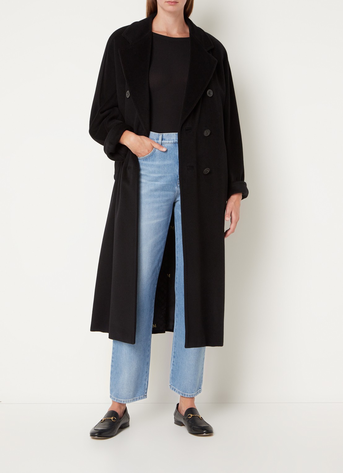 MaxMara Madame double-breasted mantel in kasjmierblend met strikceintuur - voorkant 4 zwart
