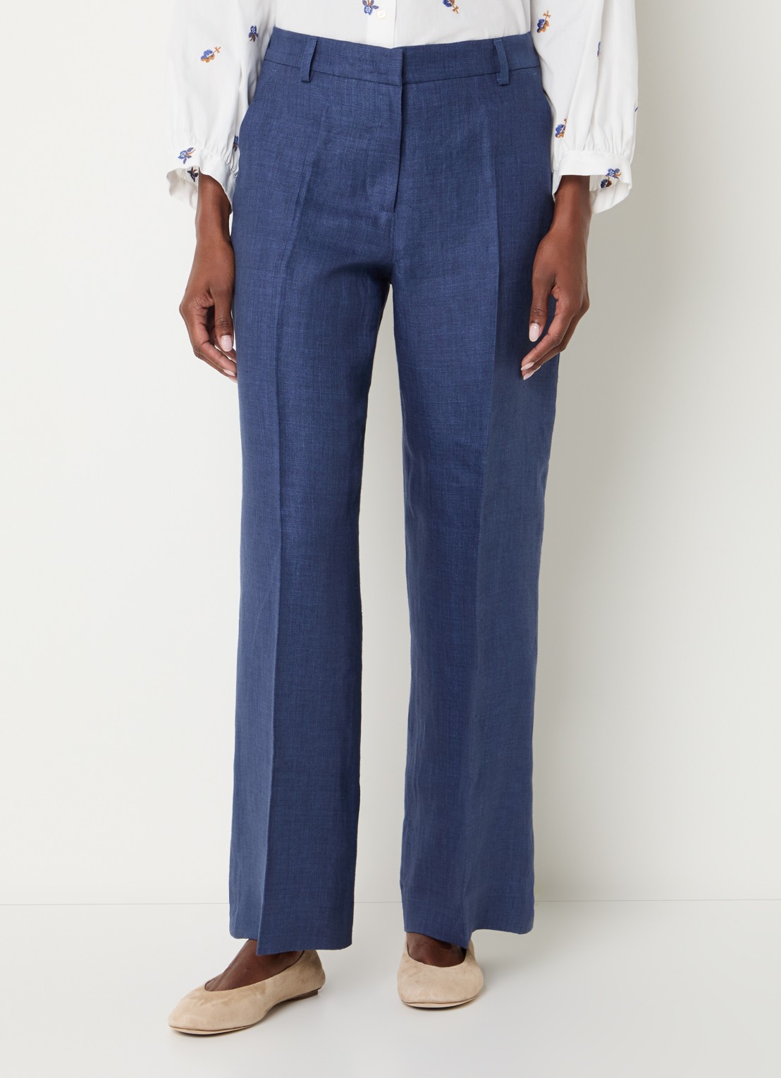 MaxMara Malizia high waist wide fit pantalon van linnen - detail 4 donkerblauw