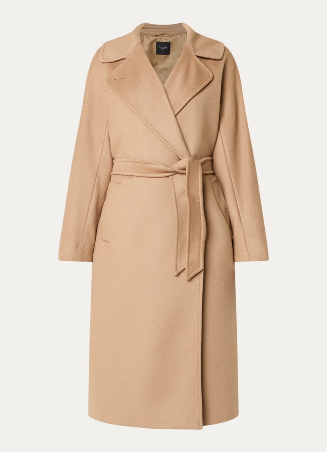 MaxMara Mantel van wol met strikceintuur - voorkant camel
