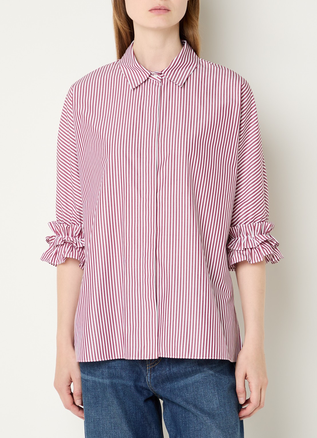 MaxMara Nebbie blouse met streepprint en volant - detail 4 bordeauxrood