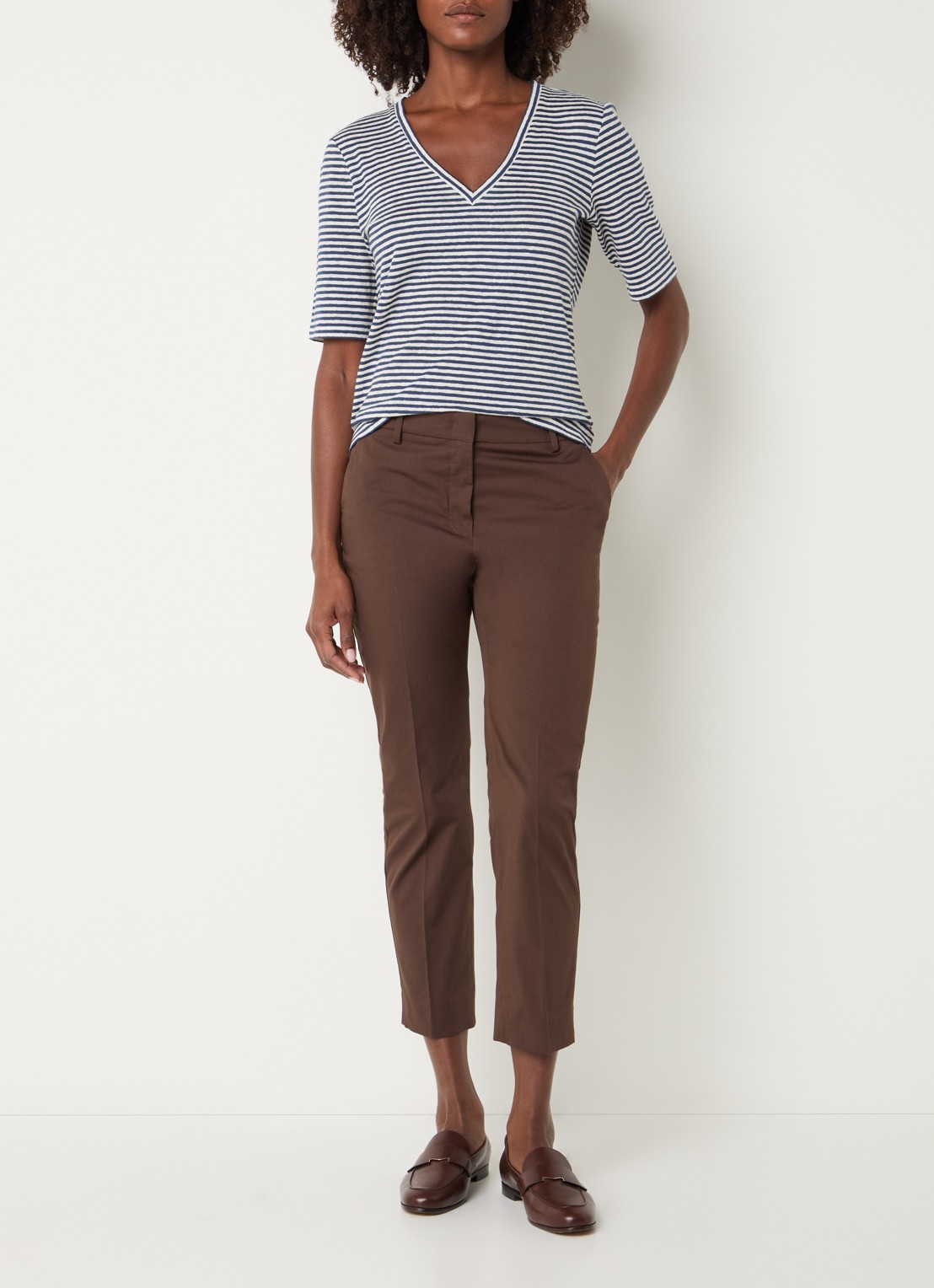 MaxMara Opzione T-shirt van linnen met V-hals - voorkant 4 donkerblauw