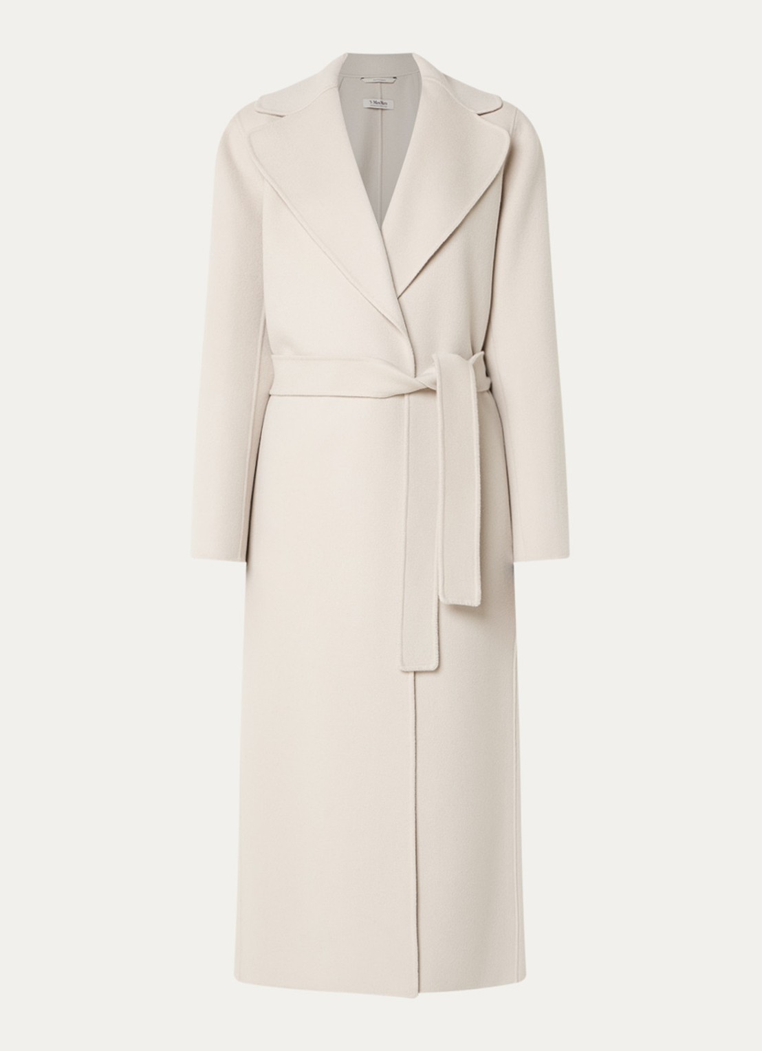 MaxMara Poldo mantel van scheerwol met steekzakken en strikceintuur - voorkant creme