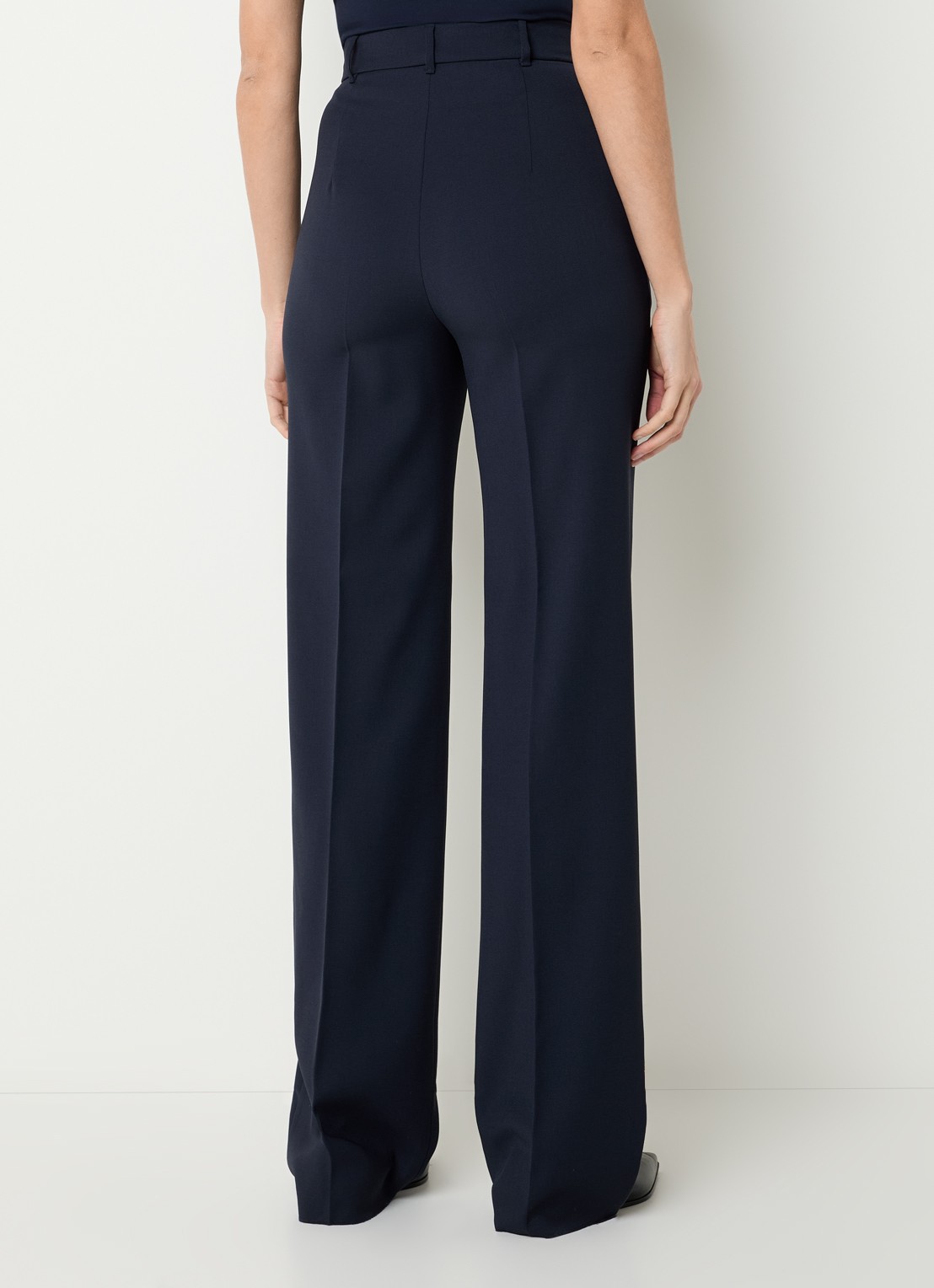 MaxMara Quasar high waist straight fit pantalon van scheerwol met persplooi - achterkant donkerblauw