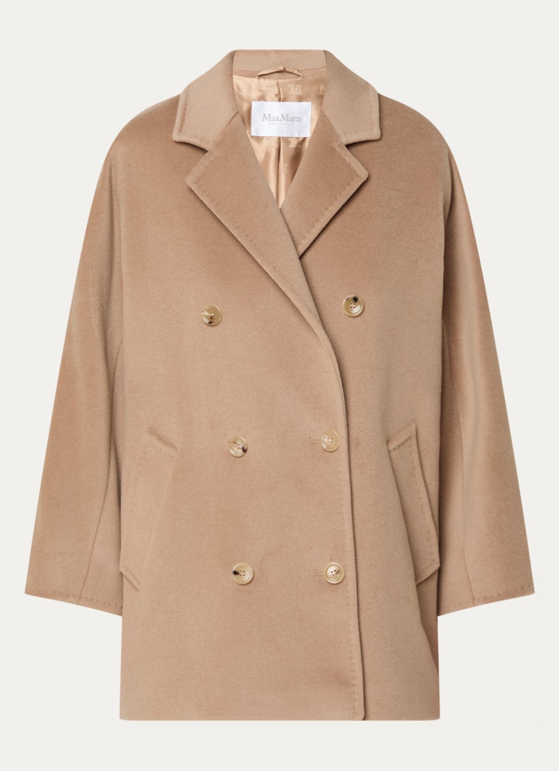 MaxMara Rebus double-breasted mantel in kasjmierblend met steekzakken - voorkant camel
