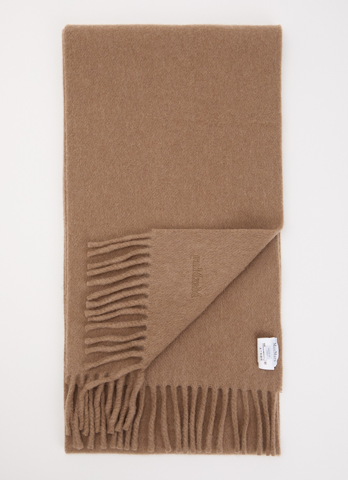 MaxMara Sjaal van wol met franjes - voorkant 3 camel