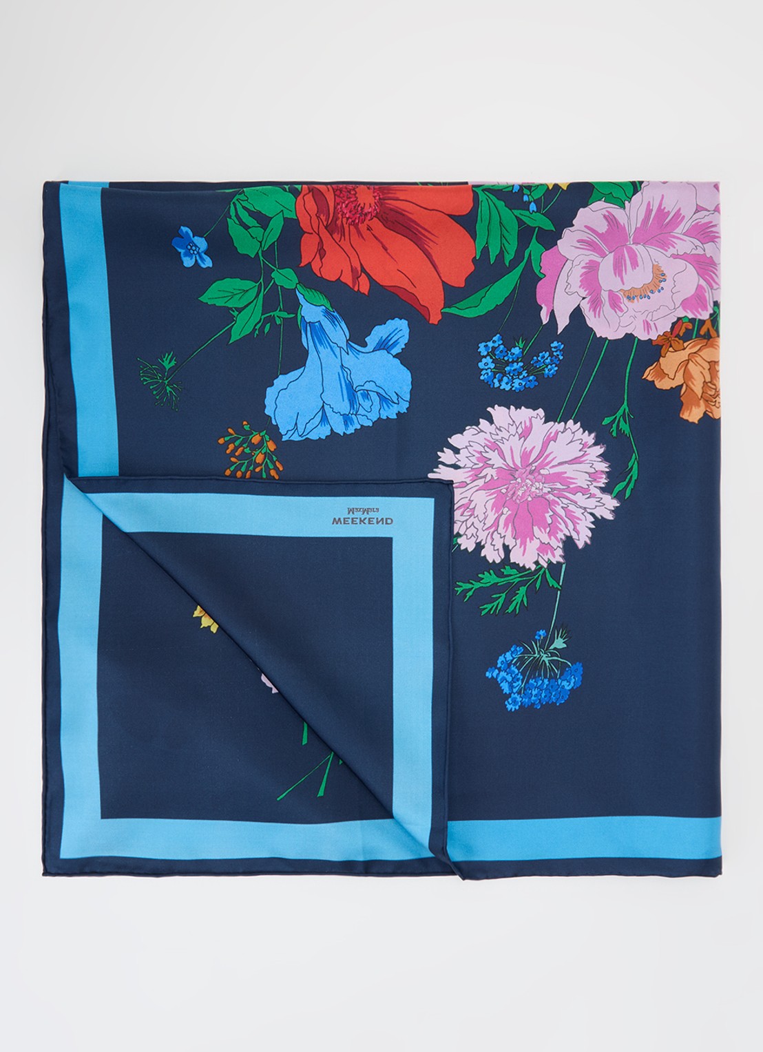 MaxMara Sjaal van zijde met bloemprint 90 x 90 cm - voorkant royalblauw