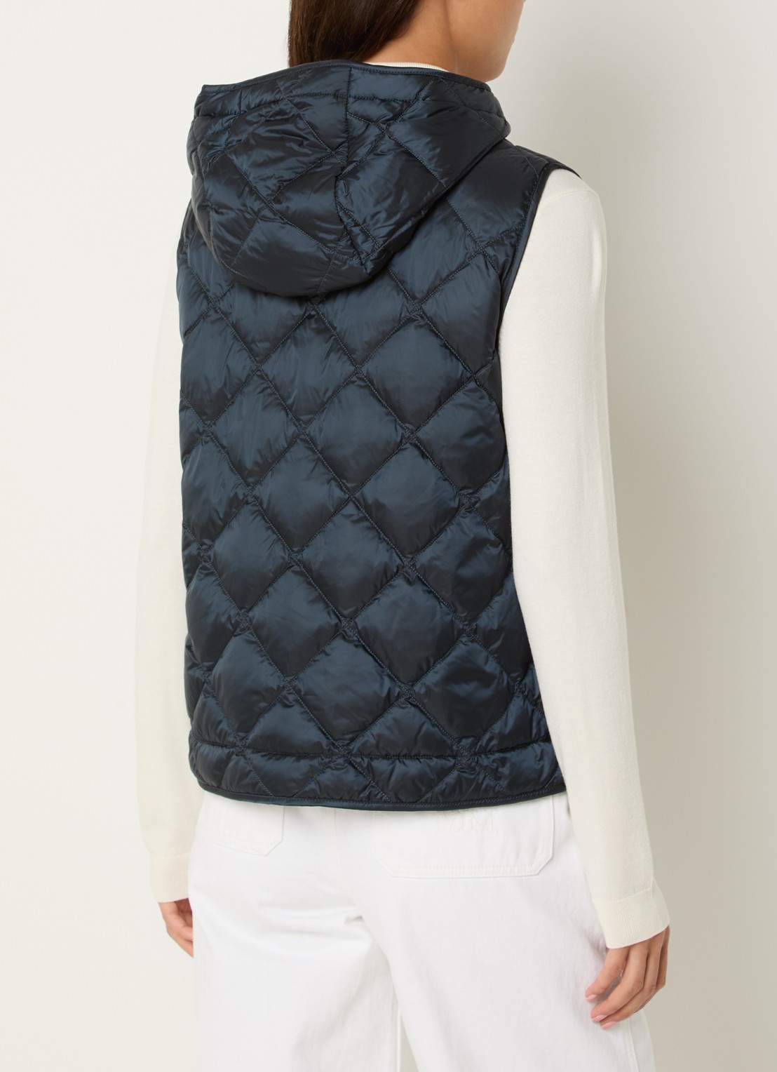 MaxMara Trefa gewatteerde bodywarmer met quiltpatroon en capuchon  - achterkant donkerblauw