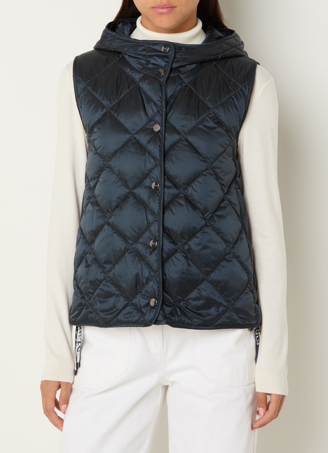 MaxMara Trefa gewatteerde bodywarmer met quiltpatroon en capuchon  - detail 2 donkerblauw